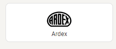 Ardex logo, black oval with text.